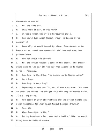 1
2
3
4
5
6
7
8
9
10
11
12
13
14
15
16
17
18
19
20
21
22
23
24
25
Burzaco - direct - Nitze
SN OCR RPR
382
countries he was in?
A No, the same car.
Q What kind of car, if you know?
A It was a black SUV with a Paraguayan plate.
Q How would Juan Angel Napout travel to Buenos Aires
generally?
A Generally he would travel by plane, from Ascension to
Buenos Aires; sometimes commercial airlines and sometimes
private plane.
Q And how about the driver?
A No, the driver wouldn't come in the plane. The driver
would come in the car all the way from Ascension to Buenos
Aires -- Paraguay.
Q How long is the drive from Ascension to Buenos Aires?
A Very long.
Q How long is very long?
A Depending on the traffic, but 15 hours or more. You have
to cross the borderline and get into the city of Buenos Aires.
It's a long drive.
Q And based on your observations did the driver handle any
other functions for Juan Angel Napout besides driving?
A Yes, sir.
Q What functions is that?
A During Grondona's last year and a half of life, he would
bring cash to Julio Grondona.
 