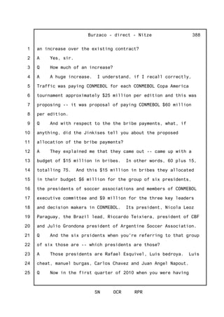 1
2
3
4
5
6
7
8
9
10
11
12
13
14
15
16
17
18
19
20
21
22
23
24
25
Burzaco - direct - Nitze
SN OCR RPR
388
an increase over the existing contract?
A Yes, sir.
Q How much of an increase?
A A huge increase. I understand, if I recall correctly,
Traffic was paying CONMEBOL for each CONMEBOL Copa America
tournament approximately $25 million per edition and this was
proposing -- it was proposal of paying CONMEBOL $60 million
per edition.
Q And with respect to the the bribe payments, what, if
anything, did the Jinkises tell you about the proposed
allocation of the bribe payments?
A They explained me that they came out -- came up with a
budget of $15 million in bribes. In other words, 60 plus 15,
totalling 75. And this $15 million in bribes they allocated
in their budget $6 million for the group of six presidents,
the presidents of soccer associations and members of CONMEBOL
executive committee and $9 million for the three key leaders
and decision makers in CONMEBOL. Its president, Nicola Leoz
Paraguay, the Brazil lead, Riccardo Teixiera, president of CBF
and Julio Grondona president of Argentine Soccer Association.
Q And the six prsidents when you're referring to that group
of six those are -- which presidents are those?
A Those presidents are Rafael Esquivel, Luis bedroya. Luis
cheat, manuel burgas, Carlos Chavez and Juan Angel Napout.
Q Now in the first quarter of 2010 when you were having
 