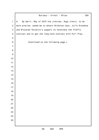 1
2
3
4
5
6
7
8
9
10
11
12
13
14
15
16
17
18
19
20
21
22
23
24
25
Burzaco - direct - Nitze
SN OCR RPR
390
A By April, May of 2010 the Jinkises, Hugo Jinkis, to be
more precise, asked me to obtain Nicholas Leoz, Julio Grondona
and Riccardo Teixeira's support to terminate the Traffic
contract and to get the long-term contract with Full Play.
(Continued on the following page.)
 