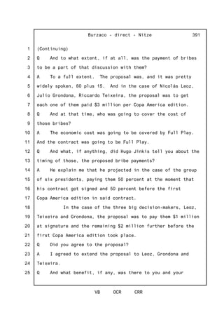 1
2
3
4
5
6
7
8
9
10
11
12
13
14
15
16
17
18
19
20
21
22
23
24
25
Burzaco - direct - Nitze
VB OCR CRR
391
(Continuing)
Q And to what extent, if at all, was the payment of bribes
to be a part of that discussion with them?
A To a full extent. The proposal was, and it was pretty
widely spoken, 60 plus 15. And in the case of Nicolás Leoz,
Julio Grondona, Riccardo Teixeira, the proposal was to get
each one of them paid $3 million per Copa America edition.
Q And at that time, who was going to cover the cost of
those bribes?
A The economic cost was going to be covered by Full Play.
And the contract was going to be Full Play.
Q And what, if anything, did Hugo Jinkis tell you about the
timing of those, the proposed bribe payments?
A He explain me that he projected in the case of the group
of six presidents, paying them 50 percent at the moment that
his contract got signed and 50 percent before the first
Copa America edition in said contract.
In the case of the three big decision-makers, Leoz,
Teixeira and Grondona, the proposal was to pay them $1 million
at signature and the remaining $2 million further before the
first Copa America edition took place.
Q Did you agree to the proposal?
A I agreed to extend the proposal to Leoz, Grondona and
Teixeira.
Q And what benefit, if any, was there to you and your
 