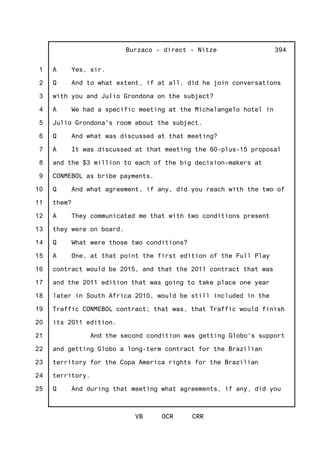 1
2
3
4
5
6
7
8
9
10
11
12
13
14
15
16
17
18
19
20
21
22
23
24
25
Burzaco - direct - Nitze
VB OCR CRR
394
A Yes, sir.
Q And to what extent, if at all, did he join conversations
with you and Julio Grondona on the subject?
A We had a specific meeting at the Michelangelo hotel in
Julio Grondona's room about the subject.
Q And what was discussed at that meeting?
A It was discussed at that meeting the 60-plus-15 proposal
and the $3 million to each of the big decision-makers at
CONMEBOL as bribe payments.
Q And what agreement, if any, did you reach with the two of
them?
A They communicated me that with two conditions present
they were on board.
Q What were those two conditions?
A One, at that point the first edition of the Full Play
contract would be 2015, and that the 2011 contract that was
and the 2011 edition that was going to take place one year
later in South Africa 2010, would be still included in the
Traffic CONMEBOL contract; that was, that Traffic would finish
its 2011 edition.
And the second condition was getting Globo's support
and getting Globo a long-term contract for the Brazilian
territory for the Copa America rights for the Brazilian
territory.
Q And during that meeting what agreements, if any, did you
 