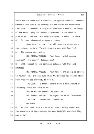 1
2
3
4
5
6
7
8
9
10
11
12
13
14
15
16
17
18
19
20
21
22
23
24
25
Burzaco - direct - Nitze
VB OCR CRR
396
South Africa there was a contract, an agency contract, between
CONMEBOL and Full Play setting all the terms and conditions
that point I remember a couple of presidents within the Group
of Six were trying to collect signatures to put them in
play -- put that contract into execution in valid, in place.
Q So, you referenced an agency contract.
Just briefly, how if at all, was the structure of
the contract to be different from the one with Traffic?
A The agency contract --
MS. PINERA-VASQUEZ: Your Honor, which agency
contract? I'm sorry? Between who?
Q With respect to the contract between Full Play and
CONMEBOL.
MS. PINERA-VASQUEZ: Your Honor, I'm going to object
to foundation. I'm not sure what Mr. Burzaco would know about
Full Play unless somebody told him.
THE COURT: I think there's been a fair amount of
testimony about his role in this.
But if he can answer the question.
MS. PINERA-VASQUEZ: My objection is to foundation.
THE COURT: Overruled. Overruled.
Go ahead.
Q At that time, did you have an understanding about what
the structure of the contract between CONMEBOL and Full Play
was to be?
 