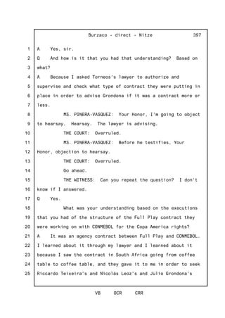 1
2
3
4
5
6
7
8
9
10
11
12
13
14
15
16
17
18
19
20
21
22
23
24
25
Burzaco - direct - Nitze
VB OCR CRR
397
A Yes, sir.
Q And how is it that you had that understanding? Based on
what?
A Because I asked Torneos's lawyer to authorize and
supervise and check what type of contract they were putting in
place in order to advise Grondona if it was a contract more or
less.
MS. PINERA-VASQUEZ: Your Honor, I'm going to object
to hearsay. Hearsay. The lawyer is advising.
THE COURT: Overruled.
MS. PINERA-VASQUEZ: Before he testifies, Your
Honor, objection to hearsay.
THE COURT: Overruled.
Go ahead.
THE WITNESS: Can you repeat the question? I don't
know if I answered.
Q Yes.
What was your understanding based on the executions
that you had of the structure of the Full Play contract they
were working on with CONMEBOL for the Copa America rights?
A It was an agency contract between Full Play and CONMEBOL.
I learned about it through my lawyer and I learned about it
because I saw the contract in South Africa going from coffee
table to coffee table, and they gave it to me in order to seek
Riccardo Teixeira's and Nicolás Leoz's and Julio Grondona's
 