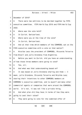 1
2
3
4
5
6
7
8
9
10
11
12
13
14
15
16
17
18
19
20
21
22
23
24
25
Burzaco - direct - Nitze
VB OCR CRR
403
December of 2010?
A There were two editions to be decided together by FIFA
executive committee. FIFA World Cup 2018 and FIFA World Cup
2022.
Q Where was the vote held?
A In Zurich, Switzerland.
Q Where were you at the time of the vote?
A In Zurich, Switzerland.
Q And at that time which members of the CONMEBOL sat on the
FIFA executive committee with a vote on that matter?
A Nicolás Leoz the president of CONMEBOL, Riccardo Teixeira
from Brazil and Julio Grondona from Argentina.
Q Before you went to Zurich, did you have an understanding
of how those three members were going to vote?
A Yes, sir.
Q And what was that understanding based on?
A It was based on Julio Grondona sharing and them -- I
mean, Julio Grondona, Riccardo Teixeira and Nicolás Leoz
sharing their intentions to other CONMEBOL members at
CONMEBOL's executive committee, and to myself and many other
commercial agents or companies that were around the CONMEBOL
world. It's not, it was not like a private thing.
Q And what plan did they have in terms of how they were
going to cast their votes?
A They were going to vote for the combined offer of
 