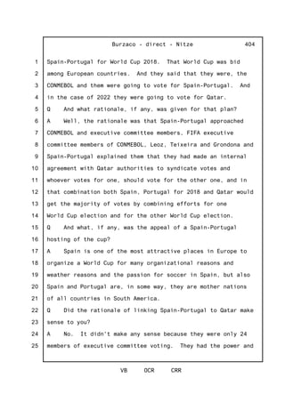 1
2
3
4
5
6
7
8
9
10
11
12
13
14
15
16
17
18
19
20
21
22
23
24
25
Burzaco - direct - Nitze
VB OCR CRR
404
Spain-Portugal for World Cup 2018. That World Cup was bid
among European countries. And they said that they were, the
CONMEBOL and them were going to vote for Spain-Portugal. And
in the case of 2022 they were going to vote for Qatar.
Q And what rationale, if any, was given for that plan?
A Well, the rationale was that Spain-Portugal approached
CONMEBOL and executive committee members, FIFA executive
committee members of CONMEBOL, Leoz, Teixeira and Grondona and
Spain-Portugal explained them that they had made an internal
agreement with Qatar authorities to syndicate votes and
whoever votes for one, should vote for the other one, and in
that combination both Spain, Portugal for 2018 and Qatar would
get the majority of votes by combining efforts for one
World Cup election and for the other World Cup election.
Q And what, if any, was the appeal of a Spain-Portugal
hosting of the cup?
A Spain is one of the most attractive places in Europe to
organize a World Cup for many organizational reasons and
weather reasons and the passion for soccer in Spain, but also
Spain and Portugal are, in some way, they are mother nations
of all countries in South America.
Q Did the rationale of linking Spain-Portugal to Qatar make
sense to you?
A No. It didn't make any sense because they were only 24
members of executive committee voting. They had the power and
 