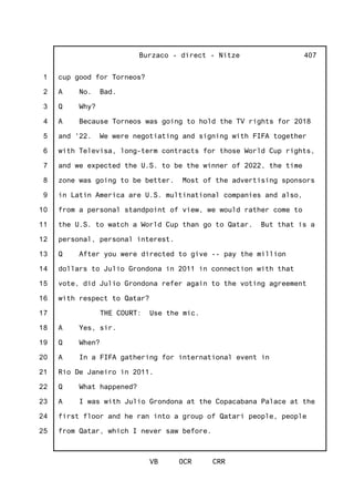 1
2
3
4
5
6
7
8
9
10
11
12
13
14
15
16
17
18
19
20
21
22
23
24
25
Burzaco - direct - Nitze
VB OCR CRR
407
cup good for Torneos?
A No. Bad.
Q Why?
A Because Torneos was going to hold the TV rights for 2018
and '22. We were negotiating and signing with FIFA together
with Televisa, long-term contracts for those World Cup rights,
and we expected the U.S. to be the winner of 2022, the time
zone was going to be better. Most of the advertising sponsors
in Latin America are U.S. multinational companies and also,
from a personal standpoint of view, we would rather come to
the U.S. to watch a World Cup than go to Qatar. But that is a
personal, personal interest.
Q After you were directed to give -- pay the million
dollars to Julio Grondona in 2011 in connection with that
vote, did Julio Grondona refer again to the voting agreement
with respect to Qatar?
THE COURT: Use the mic.
A Yes, sir.
Q When?
A In a FIFA gathering for international event in
Rio De Janeiro in 2011.
Q What happened?
A I was with Julio Grondona at the Copacabana Palace at the
first floor and he ran into a group of Qatari people, people
from Qatar, which I never saw before.
 
