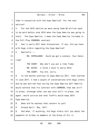 1
2
3
4
5
6
7
8
9
10
11
12
13
14
15
16
17
18
19
20
21
22
23
24
25
Burzaco - direct - Nitze
VB OCR CRR
409
them in connection with the Copa America? For the next
edition?
A For the 2015 edition we were owing them $2 million each
to be paid before June 2015 when the Copa America was going to
start. The Copa America, I mean the Copa America included in
the Full Play CONMEBOL contract.
Q And in early 2011 what discussions, if any, did you have
with Hugo Jinkis regarding the Copa America?
A Basically --
MR. PAPPALARDO: Could we get a context, Your Honor,
time?
THE COURT: Why don't you put a time frame.
MR. NITZE: I think I said in early 2018.
THE COURT: You did, sorry.
A In the months previous to Copa America 2011, that started
in June 2011, I had a couple of conversations with Hugo Jinkis
and he was worried that during the Copa America 2011 Hawilla
would achieve that his contract with CONMEBOL that was still
in place, although other one was also still in place, the
agent, would survive and that Traffic would keep 2015
Copa America.
Q When did he express that concern to you?
A Around April, May, 2011.
Q And what, if anything, did Hugo Jinkis tell you about the
payments of bribes to members of the Group of Six in
 