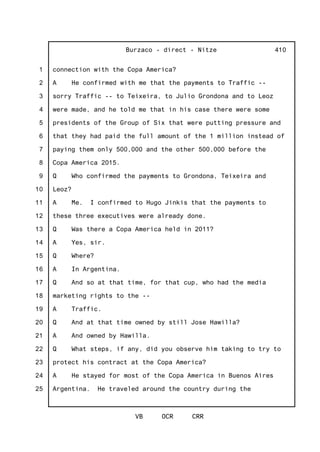 1
2
3
4
5
6
7
8
9
10
11
12
13
14
15
16
17
18
19
20
21
22
23
24
25
Burzaco - direct - Nitze
VB OCR CRR
410
connection with the Copa America?
A He confirmed with me that the payments to Traffic --
sorry Traffic -- to Teixeira, to Julio Grondona and to Leoz
were made, and he told me that in his case there were some
presidents of the Group of Six that were putting pressure and
that they had paid the full amount of the 1 million instead of
paying them only 500,000 and the other 500,000 before the
Copa America 2015.
Q Who confirmed the payments to Grondona, Teixeira and
Leoz?
A Me. I confirmed to Hugo Jinkis that the payments to
these three executives were already done.
Q Was there a Copa America held in 2011?
A Yes, sir.
Q Where?
A In Argentina.
Q And so at that time, for that cup, who had the media
marketing rights to the --
A Traffic.
Q And at that time owned by still Jose Hawilla?
A And owned by Hawilla.
Q What steps, if any, did you observe him taking to try to
protect his contract at the Copa America?
A He stayed for most of the Copa America in Buenos Aires
Argentina. He traveled around the country during the
 