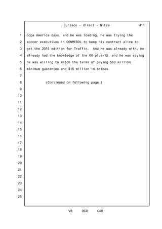 1
2
3
4
5
6
7
8
9
10
11
12
13
14
15
16
17
18
19
20
21
22
23
24
25
Burzaco - direct - Nitze
VB OCR CRR
411
Copa America days, and he was loading, he was trying the
soccer executives in CONMEBOL to keep his contract alive to
get the 2015 edition for Traffic. And he was already with, he
already had the knowledge of the 60-plus-15, and he was saying
he was willing to match the terms of paying $60 million
minimum guarantee and $15 million in bribes.
(Continued on following page.)
 
