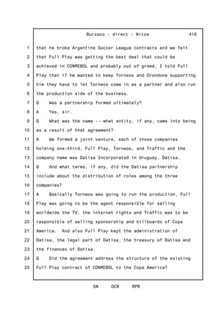 1
2
3
4
5
6
7
8
9
10
11
12
13
14
15
16
17
18
19
20
21
22
23
24
25
Burzaco - direct - Nitze
SN OCR RPR
416
that he broke Argentine Soccer League contracts and we felt
that Full Play was getting the best deal that could be
achieved in CONMEBOL and probably out of greed, I told Full
Play that if he wanted to keep Torneos and Grondona supporting
him they have to let Torneos come in as a partner and also run
the production side of the business.
Q Was a partnership formed ultimately?
A Yes, sir.
Q What was the name -- what entity, if any, came into being
as a result of that agreement?
A We formed a joint venture, each of those companies
holding one-third, Full Play, Torneos, and Traffic and the
company name was Datisa Incorporated in Uruguay, Datisa.
Q And what terms, if any, did the Datisa partnership
include about the distribution of roles among the three
companies?
A Basically Torneos was going to run the production, Full
Play was going to be the agent responsible for selling
worldwide the TV, the internet rights and Traffic was to be
responsible of selling sponsorship and billboards of Copa
America. And also Full Play kept the administration of
Datisa, the legal part of Datisa, the treasury of Datisa and
the finances of Datisa.
Q Did the agreement address the structure of the existing
Full Play contract of CONMEBOL to the Copa America?
 