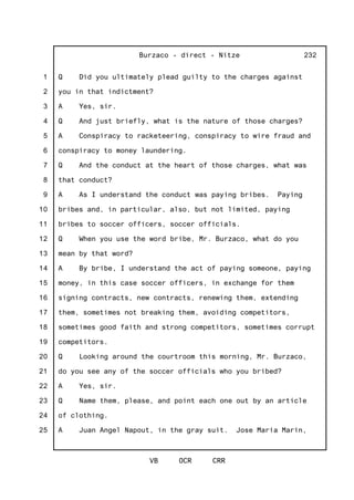 1
2
3
4
5
6
7
8
9
10
11
12
13
14
15
16
17
18
19
20
21
22
23
24
25
Burzaco - direct - Nitze
VB OCR CRR
232
Q Did you ultimately plead guilty to the charges against
you in that indictment?
A Yes, sir.
Q And just briefly, what is the nature of those charges?
A Conspiracy to racketeering, conspiracy to wire fraud and
conspiracy to money laundering.
Q And the conduct at the heart of those charges, what was
that conduct?
A As I understand the conduct was paying bribes. Paying
bribes and, in particular, also, but not limited, paying
bribes to soccer officers, soccer officials.
Q When you use the word bribe, Mr. Burzaco, what do you
mean by that word?
A By bribe, I understand the act of paying someone, paying
money, in this case soccer officers, in exchange for them
signing contracts, new contracts, renewing them, extending
them, sometimes not breaking them, avoiding competitors,
sometimes good faith and strong competitors, sometimes corrupt
competitors.
Q Looking around the courtroom this morning, Mr. Burzaco,
do you see any of the soccer officials who you bribed?
A Yes, sir.
Q Name them, please, and point each one out by an article
of clothing.
A Juan Angel Napout, in the gray suit. Jose Maria Marin,
 