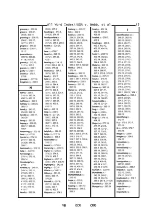 groups [1] - 255:24
grow [3] - 236:21,
303:8, 303:11
growing [5] - 236:15,
256:21, 310:17,
327:13, 377:1
grupo [1] - 345:20
Grupo [2] - 239:11,
321:7
guarantee [4] -
399:18, 399:20,
411:6, 417:10
guess [3] - 212:10,
312:14, 317:2
guests [1] - 249:1
guilty [1] - 232:1
Gulati [2] - 270:7,
270:8
guuess [1] - 377:16
Guyanas [1] - 235:9
H
half [5] - 255:4,
316:19, 382:24,
408:15, 420:12
halftime [1] - 322:3
hallway [2] - 330:23,
365:13
hand [3] - 243:17,
294:20, 329:14
handle [2] - 246:17,
382:20
hang [1] - 283:20
happy [4] - 228:25,
365:17, 366:23,
405:4
harassing [1] - 322:18
hard [1] - 317:20
Harold [6] - 274:16,
274:17, 343:19,
343:20, 344:12,
350:11
hashmark [1] - 312:12
hate [1] - 422:19
Havelange [3] -
270:14, 270:15,
285:14
Havelange's [1] -
279:5
Hawilla [16] - 249:11,
249:14, 253:11,
270:25, 271:1,
271:2, 395:11,
395:12, 409:17,
410:20, 410:21,
412:7, 412:18,
413:3, 414:10,
415:17
head [4] - 262:24,
263:6, 357:3
heading [3] - 313:4,
314:25, 374:17
headquarters [5] -
245:14, 247:23,
247:25, 255:5, 285:3
health [2] - 325:25,
353:6
hear [1] - 295:7
heard [4] - 298:10,
347:21, 347:23,
423:1
hearing [6] - 214:18,
215:2, 260:6, 261:2,
335:8, 377:23
hearsay [4] - 294:5,
397:9, 397:12
heart [1] - 232:7
held [21] - 214:18,
249:7, 260:6,
283:18, 284:4,
284:9, 284:11,
291:19, 303:4,
321:7, 325:3, 335:7,
355:18, 363:25,
365:13, 370:11,
370:17, 387:21,
392:18, 403:5,
410:13
hell [1] - 406:19
Help [1] - 246:9
help [10] - 231:25,
320:7, 328:24,
329:2, 357:9,
362:11, 363:5,
363:7, 372:12,
380:18
helpful [1] - 389:10
helps [1] - 311:15
hereby [1] - 304:2
hereinafter [1] -
310:12
hereof [1] - 375:24
hierarchy [1] - 228:15
higher [6] - 324:22,
373:23, 374:6,
374:10, 418:7
highest [4] - 287:12,
372:7, 376:7, 376:14
highlight [1] - 242:19
highly [1] - 372:11
Hilario [1] - 338:21
Hilton [4] - 363:10,
365:4, 366:17,
370:20
himself [7] - 257:6,
297:12, 299:25,
333:6, 333:7,
380:16, 402:7
Hispanic [1] - 374:5
history [1] - 229:17
hit [1] - 322:9
hold [25] - 234:15,
234:21, 234:24,
235:3, 243:1, 253:4,
282:24, 283:8,
283:9, 294:17,
297:14, 298:13,
301:23, 340:12,
340:18, 341:10,
341:23, 342:8,
343:5, 343:13,
343:21, 344:6,
345:3, 407:4, 422:22
Hold [2] - 246:5,
370:14
holder [1] - 366:10
holding [4] - 254:15,
326:1, 387:1, 416:12
holidays [1] - 229:5
home [2] - 231:10,
251:15
Honor [64] - 212:20,
212:23, 213:2,
225:1, 225:8,
225:17, 233:3,
233:16, 233:19,
246:2, 246:19,
247:8, 256:14,
259:2, 262:5,
280:24, 281:12,
282:9, 283:2,
283:24, 293:20,
294:16, 294:24,
294:25, 303:13,
303:21, 303:22,
303:23, 306:2,
307:16, 307:20,
308:7, 309:3, 311:6,
316:3, 316:17,
319:7, 327:3, 335:4,
338:3, 339:3,
343:23, 345:2,
345:8, 352:6, 356:1,
358:23, 367:7,
370:5, 371:13,
381:8, 384:4,
387:11, 389:5,
396:10, 396:14,
397:8, 397:12,
398:18, 400:15,
409:10, 414:6,
418:8, 422:4
HONORABLE [1] -
210:10
hope [3] - 225:5,
312:22, 319:4
hoping [1] - 381:13
Horacio [2] - 266:2,
266:3
host [4] - 402:14,
402:23, 405:25,
406:25
hosted [2] - 250:7,
412:3
hosting [6] - 386:8,
402:2, 402:12,
402:21, 404:16,
406:6
hotel [7] - 288:19,
302:14, 302:23,
302:24, 363:8,
394:4, 395:15
Hotel [8] - 363:10,
363:13, 364:1,
365:4, 366:17,
367:5, 370:8, 370:20
hotels [1] - 287:21
hour [1] - 316:14
hours [3] - 231:22,
300:16, 382:17
house [9] - 300:14,
301:8, 301:11,
301:13, 301:15,
301:17, 301:23,
380:24, 380:25
households [2] -
242:12, 321:24
houses [1] - 299:11
hug [1] - 358:1
huge [3] - 286:4,
322:12, 388:4
hugo [2] - 378:18,
414:15
Hugo [34] - 271:16,
271:17, 272:6,
327:19, 327:21,
327:22, 328:5,
328:7, 328:10,
328:20, 329:1,
338:5, 338:18,
351:11, 363:5,
363:16, 363:18,
364:4, 364:15,
386:11, 389:13,
389:15, 389:18,
389:19, 390:1,
391:12, 392:2,
409:8, 409:16,
409:24, 410:11,
414:19, 415:15
human [1] - 323:18
Humberto [7] -
242:23, 269:21,
284:13, 284:18,
285:5, 287:6, 311:25
hundred [1] - 321:24
Hungary [1] - 287:24
All Word Index//USA v. Webb, et al
VB OCR CRR
15
I
identification [43] -
246:21, 262:18,
263:10, 263:21,
264:4, 264:11,
264:18, 265:1,
265:8, 265:16,
265:23, 266:6,
266:18, 267:1,
268:20, 270:3,
270:10, 270:21,
271:4, 271:12,
271:23, 272:8,
273:4, 273:12,
273:21, 274:7,
274:12, 274:20,
275:6, 275:14,
275:25, 276:8,
276:16, 277:1,
277:9, 277:17,
278:2, 278:10,
278:20, 279:7,
280:1, 280:12, 304:1
identified [14] - 233:4,
233:9, 233:24,
234:2, 247:21,
248:4, 280:22,
297:1, 304:19,
304:22, 305:4,
305:6, 305:10,
389:12
identifying [1] -
312:11
ii [3] - 373:5, 373:7,
373:15
iii [3] - 373:5, 373:7,
373:15
illegal [1] - 325:6
images [2] - 254:8,
354:22
immediate [1] -
331:13
Immediately [1] -
325:16
immediately [3] -
257:19, 257:24,
284:23
Immigration [2] -
287:21, 289:5
immunity [1] - 285:2
impact [5] - 322:9,
322:12, 326:5,
374:11, 374:12
implicated [1] - 214:1
implications [1] -
256:25
importance [1] -
360:17
important [13] -
 