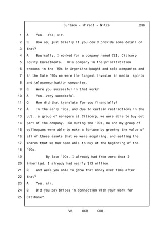 1
2
3
4
5
6
7
8
9
10
11
12
13
14
15
16
17
18
19
20
21
22
23
24
25
Burzaco - direct - Nitze
VB OCR CRR
236
A Yes. Yes, sir.
Q How so, just briefly if you could provide some detail on
that?
A Basically, I worked for a company named CEI, Citicorp
Equity Investments. This company in the prioritization
process in the '90s in Argentina bought and sold companies and
in the late '90s we were the largest investor in media, sports
and telecommunication companies.
Q Were you successful in that work?
A Yes, very successful.
Q How did that translate for you financially?
A In the early '90s, and due to certain restrictions in the
U.S., a group of managers at Citicorp, we were able to buy out
part of the company. So during the '90s, me and my group of
colleagues were able to make a fortune by growing the value of
all of these assets that we were acquiring, and selling the
shares that we had been able to buy at the beginning of the
'90s.
By late '90s, I already had from zero that I
inherited, I already had nearly $13 million.
Q And were you able to grow that money over time after
that?
A Yes, sir.
Q Did you pay bribes in connection with your work for
Citibank?
 