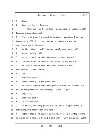 1
2
3
4
5
6
7
8
9
10
11
12
13
14
15
16
17
18
19
20
21
22
23
24
25
Burzaco - direct - Nitze
VB OCR CRR
237
A Never.
Q Now, turning to Torneos.
When was the first time you engaged in business with
Torneos y Competencias?
A The first time I engaged in business was when I was an
investor in CEI, Citicorp, and we acquired a minority
participation in Torneos.
Q At that time -- well, approximately when was that?
A Approximately 1998.
Q And at that time, who was running the company?
A The two founding owners, Carlos Avila and Luis Nofal.
Q Did there come a time when you became a direct
shareholder in the company?
A Yes, sir.
Q When was that?
A Approximately in the year 2005.
Q And there came a time when you took over an active role
in the management of the company; is that right?
A Yes, sir.
Q When was that?
A In October 2006.
Q In total, how many years did you work in sports media
marketing and production business?
A Approximately 20 years; 20 years, yes. I started before
we enter into Torneos in media and then I work on my way until
 