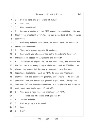 1
2
3
4
5
6
7
8
9
10
11
12
13
14
15
16
17
18
19
20
21
22
23
24
25
Burzaco - direct - Nitze
VB OCR CRR
243
Q Did he hold any positions at FIFA?
A Yes, sir.
Q What positions?
A He was a member of the FIFA executive committee. He was
first vice president of FIFA. He was president of the finance
committee.
Q How many members are there, or were there, on the FIFA
executive committee?
A They were approximately 24 members.
Q How would you characterize Julio Grondona's level of
influence on soccer in Argentina and beyond?
A In soccer in Argentine, he was the first, the second and
the last word on every single division. And at CONMEBOL, he
shared the power; but he was a necessary vote for most
important decisions. And at FIFA, he was the President
Blatter, and the secretary general, and that's -- he was the
president and the secretary general right hand. Being the
president of the finance committee, his signature would be in
most important decisions, if not all.
Q You gave a name for the president of FIFA.
What was the name that you said?
A Joseph Blatter.
Q Did he go by a nickname?
A Sep.
Q Sep?
 