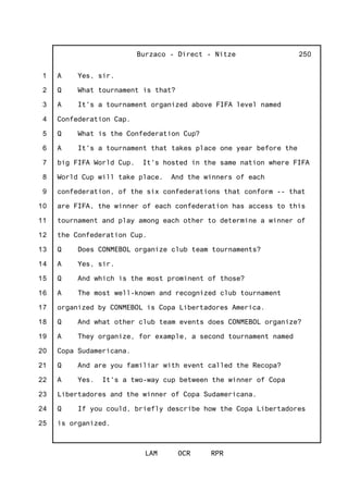 1
2
3
4
5
6
7
8
9
10
11
12
13
14
15
16
17
18
19
20
21
22
23
24
25
Burzaco - Direct - Nitze
LAM OCR RPR
250
A Yes, sir.
Q What tournament is that?
A It's a tournament organized above FIFA level named
Confederation Cap.
Q What is the Confederation Cup?
A It's a tournament that takes place one year before the
big FIFA World Cup. It's hosted in the same nation where FIFA
World Cup will take place. And the winners of each
confederation, of the six confederations that conform -- that
are FIFA, the winner of each confederation has access to this
tournament and play among each other to determine a winner of
the Confederation Cup.
Q Does CONMEBOL organize club team tournaments?
A Yes, sir.
Q And which is the most prominent of those?
A The most well-known and recognized club tournament
organized by CONMEBOL is Copa Libertadores America.
Q And what other club team events does CONMEBOL organize?
A They organize, for example, a second tournament named
Copa Sudamericana.
Q And are you familiar with event called the Recopa?
A Yes. It's a two-way cup between the winner of Copa
Libertadores and the winner of Copa Sudamericana.
Q If you could, briefly describe how the Copa Libertadores
is organized.
 