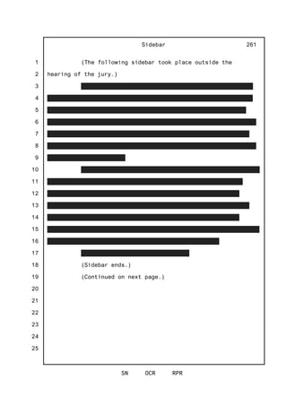 1
2
3
4
5
6
7
8
9
10
11
12
13
14
15
16
17
18
19
20
21
22
23
24
25
Sidebar
SN OCR RPR
261
(The following sidebar took place outside the
hearing of the jury.)
(Sidebar ends.)
(Continued on next page.)
 