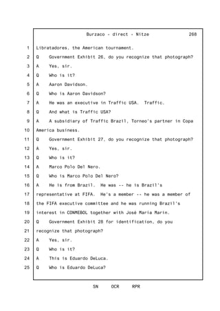 1
2
3
4
5
6
7
8
9
10
11
12
13
14
15
16
17
18
19
20
21
22
23
24
25
Burzaco - direct - Nitze
SN OCR RPR
268
Libratadores, the American tournament.
Q Government Exhibit 26, do you recognize that photograph?
A Yes, sir.
Q Who is it?
A Aaron Davidson.
Q Who is Aaron Davidson?
A He was an executive in Traffic USA. Traffic.
Q And what is Traffic USA?
A A subsidiary of Traffic Brazil, Torneo's partner in Copa
America business.
Q Government Exhibit 27, do you recognize that photograph?
A Yes, sir.
Q Who is it?
A Marco Polo Del Nero.
Q Who is Marco Polo Del Nero?
A He is from Brazil. He was -- he is Brazil's
representative at FIFA. He's a member -- he was a member of
the FIFA executive committee and he was running Brazil's
interest in CONMEBOL together with José Maria Marin.
Q Government Exhibit 28 for identification, do you
recognize that photograph?
A Yes, sir.
Q Who is it?
A This is Eduardo DeLuca.
Q Who is Eduardo DeLuca?
 