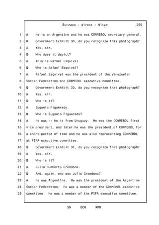 1
2
3
4
5
6
7
8
9
10
11
12
13
14
15
16
17
18
19
20
21
22
23
24
25
Burzaco - direct - Nitze
SN OCR RPR
269
A He is an Argentine and he was CONMEBOL secretary general.
Q Government Exhibit 30, do you recognize this photograph?
A Yes, sir.
Q Who does it depict?
A This is Rafael Esquivel.
Q Who is Rafael Esquivel?
A Rafael Esquivel was the president of the Venezuelan
Soccer Federation and CONMEBOL executive committee.
Q Government Exhibit 33, do you recognize that photograph?
A Yes, sir.
Q Who is it?
A Eugenio Figueredo.
Q Who is Eugenio Figueredo?
A He was -- he is from Uruguay. He was the CONMEBOL first
vice president, and later he was the president of CONMEBOL for
a short period of time and he was also representing CONMEBOL
at FIFA executive committee.
Q Government Exhibit 37, do you recognize that photograph?
A Yes, sir.
Q Who is it?
A Julio Humberto Grondona.
Q And, again, who was Julio Grondona?
A He was Argentine. He was the president of the Argentine
Soccer Federation. He was a member of the CONMEBOL executive
committee. He was a member of the FIFA executive committee.
 