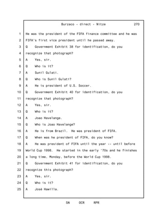 1
2
3
4
5
6
7
8
9
10
11
12
13
14
15
16
17
18
19
20
21
22
23
24
25
Burzaco - direct - Nitze
SN OCR RPR
270
He was the president of the FIFA finance committee and he was
FIFA's first vice president until he passed away.
Q Government Exhibit 38 for identification, do you
recognize that photograph?
A Yes, sir.
Q Who is it?
A Sunil Gulati.
Q Who is Sunil Gulati?
A He is president of U.S. Soccer.
Q Government Exhibit 40 for identification, do you
recognize that photograph?
A Yes, sir.
Q Who is it?
A Joao Havelange.
Q Who is Joao Havelange?
A He is from Brazil. He was president of FIFA.
Q When was he president of FIFA, do you know?
A He was president of FIFA until the year -- until before
World Cup 1998. He started in the early '70s and he finishes
a long time, Monday, before the World Cup 1998.
Q Government Exhibit 41 for identification, do you
recognize this photograph?
A Yes, sir.
Q Who is it?
A José Hawilla.
 