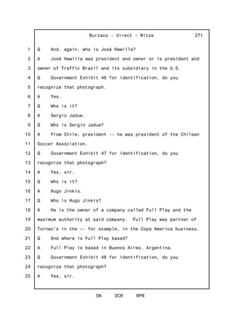 1
2
3
4
5
6
7
8
9
10
11
12
13
14
15
16
17
18
19
20
21
22
23
24
25
Burzaco - direct - Nitze
SN OCR RPR
271
Q And, again, who is José Hawilla?
A José Hawilla was president and owner or is president and
owner of Traffic Brazil and its subsidiary in the U.S.
Q Government Exhibit 46 for identification, do you
recognize that photograph.
A Yes.
Q Who is it?
A Sergio Jadue.
Q Who is Sergio Jadue?
A From Chile, president -- he was president of the Chilean
Soccer Association.
Q Government Exhibit 47 for identification, do you
recognize that photograph?
A Yes, sir.
Q Who is it?
A Hugo Jinkis.
Q Who is Hugo Jinkis?
A He is the owner of a company called Full Play and the
maximum authority at said company. Full Play was partner of
Torneo's in the -- for example, in the Copa America business.
Q And where is Full Play based?
A Full Play is based in Buenos Aires, Argentina.
Q Government Exhibit 48 for identification, do you
recognize that photograph?
A Yes, sir.
 