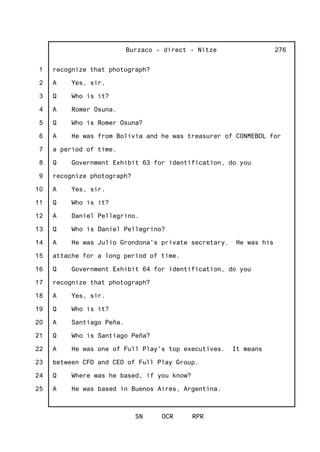 1
2
3
4
5
6
7
8
9
10
11
12
13
14
15
16
17
18
19
20
21
22
23
24
25
Burzaco - direct - Nitze
SN OCR RPR
276
recognize that photograph?
A Yes, sir.
Q Who is it?
A Romer Osuna.
Q Who is Romer Osuna?
A He was from Bolivia and he was treasurer of CONMEBOL for
a period of time.
Q Government Exhibit 63 for identification, do you
recognize photograph?
A Yes, sir.
Q Who is it?
A Daniel Pellegrino.
Q Who is Daniel Pellegrino?
A He was Julio Grondona's private secretary. He was his
attache for a long period of time.
Q Government Exhibit 64 for identification, do you
recognize that photograph?
A Yes, sir.
Q Who is it?
A Santiago Peña.
Q Who is Santiago Peña?
A He was one of Full Play's top executives. It means
between CFO and CEO of Full Play Group.
Q Where was he based, if you know?
A He was based in Buenos Aires, Argentina.
 