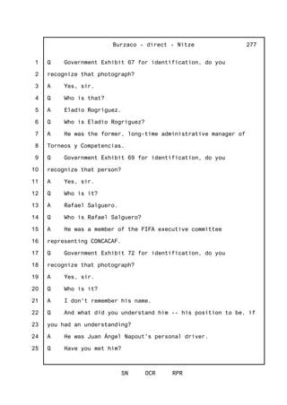 1
2
3
4
5
6
7
8
9
10
11
12
13
14
15
16
17
18
19
20
21
22
23
24
25
Burzaco - direct - Nitze
SN OCR RPR
277
Q Government Exhibit 67 for identification, do you
recognize that photograph?
A Yes, sir.
Q Who is that?
A Eladio Rogriguez.
Q Who is Eladio Rogriguez?
A He was the former, long-time administrative manager of
Torneos y Competencias.
Q Government Exhibit 69 for identification, do you
recognize that person?
A Yes, sir.
Q Who is it?
A Rafael Salguero.
Q Who is Rafael Salguero?
A He was a member of the FIFA executive committee
representing CONCACAF.
Q Government Exhibit 72 for identification, do you
recognize that photograph?
A Yes, sir.
Q Who is it?
A I don't remember his name.
Q And what did you understand him -- his position to be, if
you had an understanding?
A He was Juan Ángel Napout's personal driver.
Q Have you met him?
 