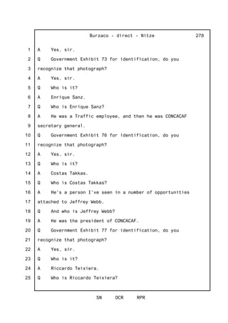 1
2
3
4
5
6
7
8
9
10
11
12
13
14
15
16
17
18
19
20
21
22
23
24
25
Burzaco - direct - Nitze
SN OCR RPR
278
A Yes, sir.
Q Government Exhibit 73 for identification, do you
recognize that photograph?
A Yes, sir.
Q Who is it?
A Enrique Sanz.
Q Who is Enrique Sanz?
A He was a Traffic employee, and then he was CONCACAF
secretary general.
Q Government Exhibit 76 for identification, do you
recognize that photograph?
A Yes, sir.
Q Who is it?
A Costas Takkas.
Q Who is Costas Takkas?
A He's a person I've seen in a number of opportunities
attached to Jeffrey Webb.
Q And who is Jeffrey Webb?
A He was the president of CONCACAF.
Q Government Exhibit 77 for identification, do you
recognize that photograph?
A Yes, sir.
Q Who is it?
A Riccardo Teixiera.
Q Who is Riccardo Teixiera?
 