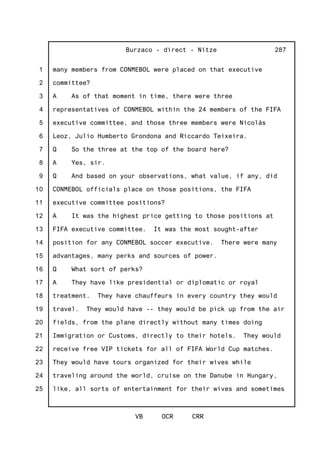 1
2
3
4
5
6
7
8
9
10
11
12
13
14
15
16
17
18
19
20
21
22
23
24
25
Burzaco - direct - Nitze
VB OCR CRR
287
many members from CONMEBOL were placed on that executive
committee?
A As of that moment in time, there were three
representatives of CONMEBOL within the 24 members of the FIFA
executive committee, and those three members were Nicolás
Leoz, Julio Humberto Grondona and Riccardo Teixeira.
Q So the three at the top of the board here?
A Yes, sir.
Q And based on your observations, what value, if any, did
CONMEBOL officials place on those positions, the FIFA
executive committee positions?
A It was the highest price getting to those positions at
FIFA executive committee. It was the most sought-after
position for any CONMEBOL soccer executive. There were many
advantages, many perks and sources of power.
Q What sort of perks?
A They have like presidential or diplomatic or royal
treatment. They have chauffeurs in every country they would
travel. They would have -- they would be pick up from the air
fields, from the plane directly without many times doing
Immigration or Customs, directly to their hotels. They would
receive free VIP tickets for all of FIFA World Cup matches.
They would have tours organized for their wives while
traveling around the world, cruise on the Danube in Hungary,
like, all sorts of entertainment for their wives and sometimes
 