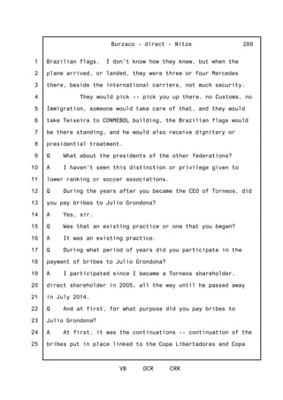 1
2
3
4
5
6
7
8
9
10
11
12
13
14
15
16
17
18
19
20
21
22
23
24
25
Burzaco - direct - Nitze
VB OCR CRR
289
Brazilian flags. I don't know how they knew, but when the
plane arrived, or landed, they were three or four Mercedes
there, beside the international carriers, not much security.
They would pick -- pick you up there, no Customs, no
Immigration, someone would take care of that, and they would
take Teixeira to CONMEBOL building, the Brazilian flags would
be there standing, and he would also receive dignitary or
presidential treatment.
Q What about the presidents of the other federations?
A I haven't seen this distinction or privilege given to
lower ranking or soccer associations.
Q During the years after you became the CEO of Torneos, did
you pay bribes to Julio Grondona?
A Yes, sir.
Q Was that an existing practice or one that you began?
A It was an existing practice.
Q During what period of years did you participate in the
payment of bribes to Julio Grondona?
A I participated since I became a Torneos shareholder,
direct shareholder in 2005, all the way until he passed away
in July 2014.
Q And at first, for what purpose did you pay bribes to
Julio Grondona?
A At first, it was the continuations -- continuation of the
bribes put in place linked to the Copa Libertadores and Copa
 