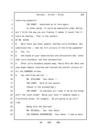 1
2
3
4
5
6
7
8
9
10
11
12
13
14
15
16
17
18
19
20
21
22
23
24
25
Burzaco - direct - Nitze
VB OCR CRR
294
receiving payments?
THE COURT: Sustained as to form again.
In other words, it could be admissible under 801(d),
but I think the way you are framing it makes it sound like it
could be hearsay. That is the concern.
BY MR. NITZE:
Q Were there any other people, besides Julio Grondona, who
understood the -- had the full picture of the bribe payments?
A Yes, sir.
Q And based on your observations and discussions who, other
than Julio Grondona, had that perspective?
A After Julio Grondona passed away, Marco Polo del Nero and
Juan Angel Napout received and learned the overall picture of
all the CONMEBOL bribes.
Q You testified earlier --
MR. STILLMAN: Your Honor --
THE COURT: Hold on one second.
(Pause in the proceedings.)
THE COURT: Is everyone all right if we do not break
until the lunch break? Raise your hand if someone needs a
five-minute break, for example. We are going to go until
1:00.
Ready with the devices?
MR. MITCHELL: Yes, Your Honor.
THE SPANISH INTERPRETER: Your Honor, I had to move
 