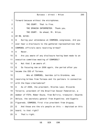 1
2
3
4
5
6
7
8
9
10
11
12
13
14
15
16
17
18
19
20
21
22
23
24
25
Burzaco - direct - Nitze
VB OCR CRR
295
forward because without the microphones.
THE COURT: That is fine.
THE SPANISH INTERPRETER: Thank you.
THE COURT: Go ahead, Mr. Nitze.
BY MR. NITZE:
Q During your attendance at CONMEBOL congresses, did you
ever hear a disclosure to the gathered representatives that
CONMEBOL officials were receiving bribes?
A Never.
Q Are you aware of any disclosure having been made to an
executive committee meeting of CONMEBOL?
A Not that I am aware of.
Q So focusing now on 2006 again, the period after you
became the CEO of Torneos.
Who at CONMEBOL, besides Julio Grondona, was
receiving bribes from Torneos and its partners in connection
with the Copa Libertadores?
A As of 2006, the president, Nicolás Leoz; Riccardo
Teixeira, president of the Brazilian Soccer Federation, a
member of FIFA; Rómer Osuna, from Bolivia, treasurer; Eduardo
Deluca, the secretary general from Argentina; and Eugenio
Figueredo, CONMEBOL first vice president from Uruguay.
Q And those are the six people on this -- depicted on this
board; is that right?
A That's right.
 