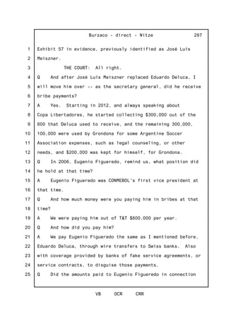 1
2
3
4
5
6
7
8
9
10
11
12
13
14
15
16
17
18
19
20
21
22
23
24
25
Burzaco - direct - Nitze
VB OCR CRR
297
Exhibit 57 in evidence, previously identified as José Luís
Meiszner.
THE COURT: All right.
Q And after José Luís Meiszner replaced Eduardo Deluca, I
will move him over -- as the secretary general, did he receive
bribe payments?
A Yes. Starting in 2012, and always speaking about
Copa Libertadores, he started collecting $300,000 out of the
600 that Deluca used to receive, and the remaining 300,000,
100,000 were used by Grondona for some Argentine Soccer
Association expenses, such as legal counseling, or other
needs, and $200,000 was kept for himself, for Grondona.
Q In 2006, Eugenio Figueredo, remind us, what position did
he hold at that time?
A Eugenio Figueredo was CONMEBOL's first vice president at
that time.
Q And how much money were you paying him in bribes at that
time?
A We were paying him out of T&T $600,000 per year.
Q And how did you pay him?
A We pay Eugenio Figueredo the same as I mentioned before,
Eduardo Deluca, through wire transfers to Swiss banks. Also
with coverage provided by banks of fake service agreements, or
service contracts, to disguise those payments.
Q Did the amounts paid to Eugenio Figueredo in connection
 