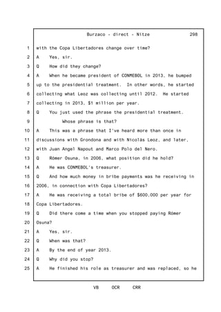1
2
3
4
5
6
7
8
9
10
11
12
13
14
15
16
17
18
19
20
21
22
23
24
25
Burzaco - direct - Nitze
VB OCR CRR
298
with the Copa Libertadores change over time?
A Yes, sir.
Q How did they change?
A When he became president of CONMEBOL in 2013, he bumped
up to the presidential treatment. In other words, he started
collecting what Leoz was collecting until 2012. He started
collecting in 2013, $1 million per year.
Q You just used the phrase the presidential treatment.
Whose phrase is that?
A This was a phrase that I've heard more than once in
discussions with Grondona and with Nicolás Leoz, and later,
with Juan Angel Napout and Marco Polo del Nero.
Q Rómer Osuna, in 2006, what position did he hold?
A He was CONMEBOL's treasurer.
Q And how much money in bribe payments was he receiving in
2006, in connection with Copa Libertadores?
A He was receiving a total bribe of $600,000 per year for
Copa Libertadores.
Q Did there come a time when you stopped paying Rómer
Osuna?
A Yes, sir.
Q When was that?
A By the end of year 2013.
Q Why did you stop?
A He finished his role as treasurer and was replaced, so he
 