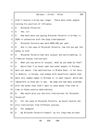 1
2
3
4
5
6
7
8
9
10
11
12
13
14
15
16
17
18
19
20
21
22
23
24
25
Burzaco - direct - Nitze
VB OCR CRR
299
didn't receive a bribe any longer. There were other people
running his position of influence.
Q Riccardo Teixeira?
A Yes, sir.
Q How much were you paying Riccardo Teixeira in bribes in
2006 in connection with the Copa Libertadores?
A Riccardo Teixeira was paid $600,000 per year.
Q And in the case of Riccardo Teixeira, how did you get the
money to him?
A Riccardo Teixeira had very unusual and weird banking, or
financial houses instructions.
Q When you say weird or unusual, what do you mean by that?
A Weird that I've never seen and other people in Torneos
were not aware; like destinations in Middle East, in far Asia,
in Andorra, in Europe, and always with beneficial owners that
were very common names in Chinese or in each region, which was
impossible to know who it was. We bump and had many problems
with the banks that didn't want to send money from time to
time to these exotics destinations.
Q Who would give you the wire instructions for Riccardo
Teixeira?
A For the case of Riccardo Teixeira, we would receive the
wire instructions from different sources.
Q For example?
A By Riccardo Teixeira himself; by his long-time private
 