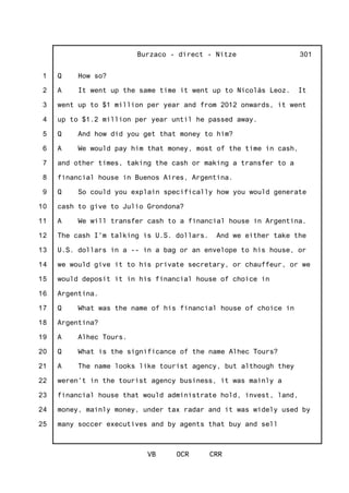 1
2
3
4
5
6
7
8
9
10
11
12
13
14
15
16
17
18
19
20
21
22
23
24
25
Burzaco - direct - Nitze
VB OCR CRR
301
Q How so?
A It went up the same time it went up to Nicolás Leoz. It
went up to $1 million per year and from 2012 onwards, it went
up to $1.2 million per year until he passed away.
Q And how did you get that money to him?
A We would pay him that money, most of the time in cash,
and other times, taking the cash or making a transfer to a
financial house in Buenos Aires, Argentina.
Q So could you explain specifically how you would generate
cash to give to Julio Grondona?
A We will transfer cash to a financial house in Argentina.
The cash I'm talking is U.S. dollars. And we either take the
U.S. dollars in a -- in a bag or an envelope to his house, or
we would give it to his private secretary, or chauffeur, or we
would deposit it in his financial house of choice in
Argentina.
Q What was the name of his financial house of choice in
Argentina?
A Alhec Tours.
Q What is the significance of the name Alhec Tours?
A The name looks like tourist agency, but although they
weren't in the tourist agency business, it was mainly a
financial house that would administrate hold, invest, land,
money, mainly money, under tax radar and it was widely used by
many soccer executives and by agents that buy and sell
 