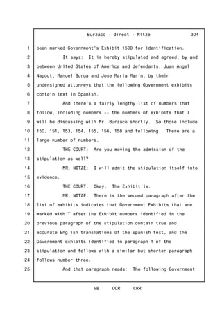 1
2
3
4
5
6
7
8
9
10
11
12
13
14
15
16
17
18
19
20
21
22
23
24
25
Burzaco - direct - Nitze
VB OCR CRR
304
been marked Government's Exhibit 1500 for identification.
It says: It is hereby stipulated and agreed, by and
between United States of America and defendants, Juan Angel
Napout, Manuel Burga and Jose Maria Marín, by their
undersigned attorneys that the following Government exhibits
contain text in Spanish.
And there's a fairly lengthy list of numbers that
follow, including numbers -- the numbers of exhibits that I
will be discussing with Mr. Burzaco shortly. So those include
150, 151, 153, 154, 155, 156, 158 and following. There are a
large number of numbers.
THE COURT: Are you moving the admission of the
stipulation as well?
MR. NITZE: I will admit the stipulation itself into
evidence.
THE COURT: Okay. The Exhibit is.
MR. NITZE: There is the second paragraph after the
list of exhibits indicates that Government Exhibits that are
marked with T after the Exhibit numbers identified in the
previous paragraph of the stipulation contain true and
accurate English translations of the Spanish text, and the
Government exhibits identified in paragraph 1 of the
stipulation and follows with a similar but shorter paragraph
follows number three.
And that paragraph reads: The following Government
 