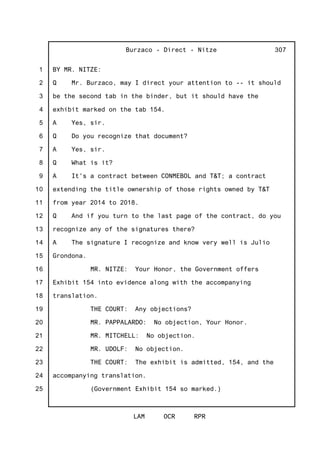 1
2
3
4
5
6
7
8
9
10
11
12
13
14
15
16
17
18
19
20
21
22
23
24
25
Burzaco - Direct - Nitze
LAM OCR RPR
307
BY MR. NITZE:
Q Mr. Burzaco, may I direct your attention to -- it should
be the second tab in the binder, but it should have the
exhibit marked on the tab 154.
A Yes, sir.
Q Do you recognize that document?
A Yes, sir.
Q What is it?
A It's a contract between CONMEBOL and T&T; a contract
extending the title ownership of those rights owned by T&T
from year 2014 to 2018.
Q And if you turn to the last page of the contract, do you
recognize any of the signatures there?
A The signature I recognize and know very well is Julio
Grondona.
MR. NITZE: Your Honor, the Government offers
Exhibit 154 into evidence along with the accompanying
translation.
THE COURT: Any objections?
MR. PAPPALARDO: No objection, Your Honor.
MR. MITCHELL: No objection.
MR. UDOLF: No objection.
THE COURT: The exhibit is admitted, 154, and the
accompanying translation.
(Government Exhibit 154 so marked.)
 
