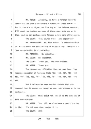 1
2
3
4
5
6
7
8
9
10
11
12
13
14
15
16
17
18
19
20
21
22
23
24
25
Burzaco - Direct - Nitze
LAM OCR RPR
308
MR. NITZE: Actually, we have a foreign records
certification that also covers a number of these exhibits.
And if there's no objection from any of the defense counsel,
I'll read the numbers on some of those contracts and offer
them, and we can perhaps move forward a bit more efficiently.
THE COURT: That sounds fine. Any objection?
MR. PAPPALARDO: No, Your Honor. I discussed with
Mr. Nitze about the possibility of stipulating. Certainly I
have no objection to stipulating.
MR. MITCHELL: No objection.
MR. UDOLF: No objection.
THE COURT: Thank you. You may proceed.
MR. NITZE: Thank you.
The records certification that we have here from
records custodian at Torneos lists 152, 153, 154, 155, 159,
157, 158, 162, 163, 164, 165, 178, 181, 183, 184, 185, 186,
189.
And I believe we have another couple that are
covered, but it sounds as though we can just proceed with the
contracts.
THE COURT: What about 156, which is the subject of
this new exhibit?
MR. NITZE: Yes, 156, we also have a certification
on that. I'm not sure what number it is.
THE COURT: 220.
 