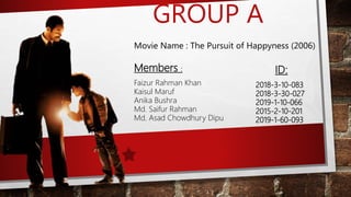 GROUP A
Members : ID:
Faizur Rahman Khan
Kaisul Maruf
Anika Bushra
Md. Saifur Rahman
Md. Asad Chowdhury Dipu
2018-3-10-083
2018-3-30-027
2019-1-10-066
2015-2-10-201
2019-1-60-093
Movie Name : The Pursuit of Happyness (2006)
 