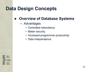 11
11
11
11
Data Design Concepts
● Overview of Database Systems
– Advantages
• Controlled redundancy
• Better security
• Increased programmer productivity
• Data independence
 