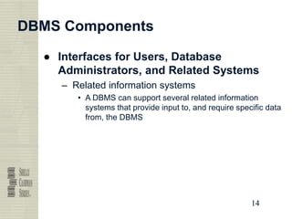 14
14
14
14
DBMS Components
● Interfaces for Users, Database
Administrators, and Related Systems
– Related information systems
• A DBMS can support several related information
systems that provide input to, and require specific data
from, the DBMS
 