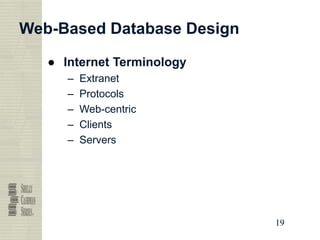 19
19
19
19
Web-Based Database Design
● Internet Terminology
– Extranet
– Protocols
– Web-centric
– Clients
– Servers
 