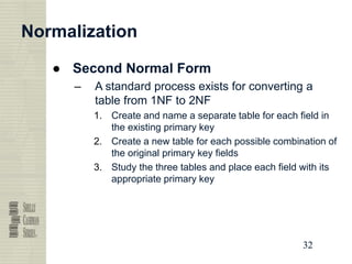 32
32
32
32
Normalization
● Second Normal Form
– A standard process exists for converting a
table from 1NF to 2NF
1. Create and name a separate table for each field in
the existing primary key
2. Create a new table for each possible combination of
the original primary key fields
3. Study the three tables and place each field with its
appropriate primary key
 