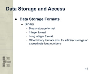 46
46
46
46
Data Storage and Access
● Data Storage Formats
– Binary
• Binary storage format
• Integer format
• Long integer format
• Other binary formats exist for efficient storage of
exceedingly long numbers
 