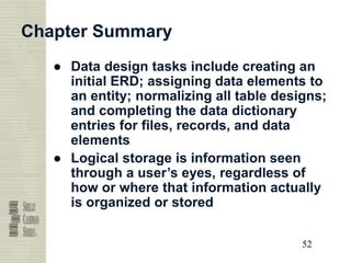 52
52
52
52
Chapter Summary
● Data design tasks include creating an
initial ERD; assigning data elements to
an entity; normalizing all table designs;
and completing the data dictionary
entries for files, records, and data
elements
● Logical storage is information seen
through a user’s eyes, regardless of
how or where that information actually
is organized or stored
 