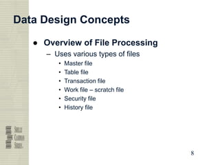 8
8
8
8
Data Design Concepts
● Overview of File Processing
– Uses various types of files
• Master file
• Table file
• Transaction file
• Work file – scratch file
• Security file
• History file
 