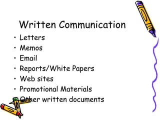Written Communication Letters Memos Email Reports/White Papers Web sites Promotional Materials Other written documents 