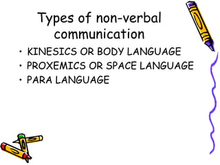 Types of non-verbal communication KINESICS OR BODY LANGUAGE PROXEMICS OR SPACE LANGUAGE PARA LANGUAGE 