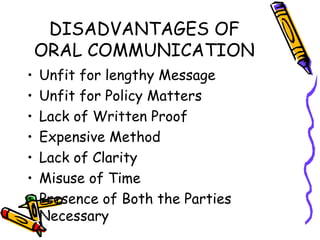 DISADVANTAGES OF ORAL COMMUNICATION Unfit for lengthy Message Unfit for Policy Matters Lack of Written Proof Expensive Method Lack of Clarity Misuse of Time Presence of Both the Parties Necessary 